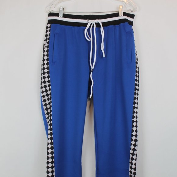 Womens Blue Lounge Drawstring Pants with Black and White Checkered Stripe - Picture 3 of 12